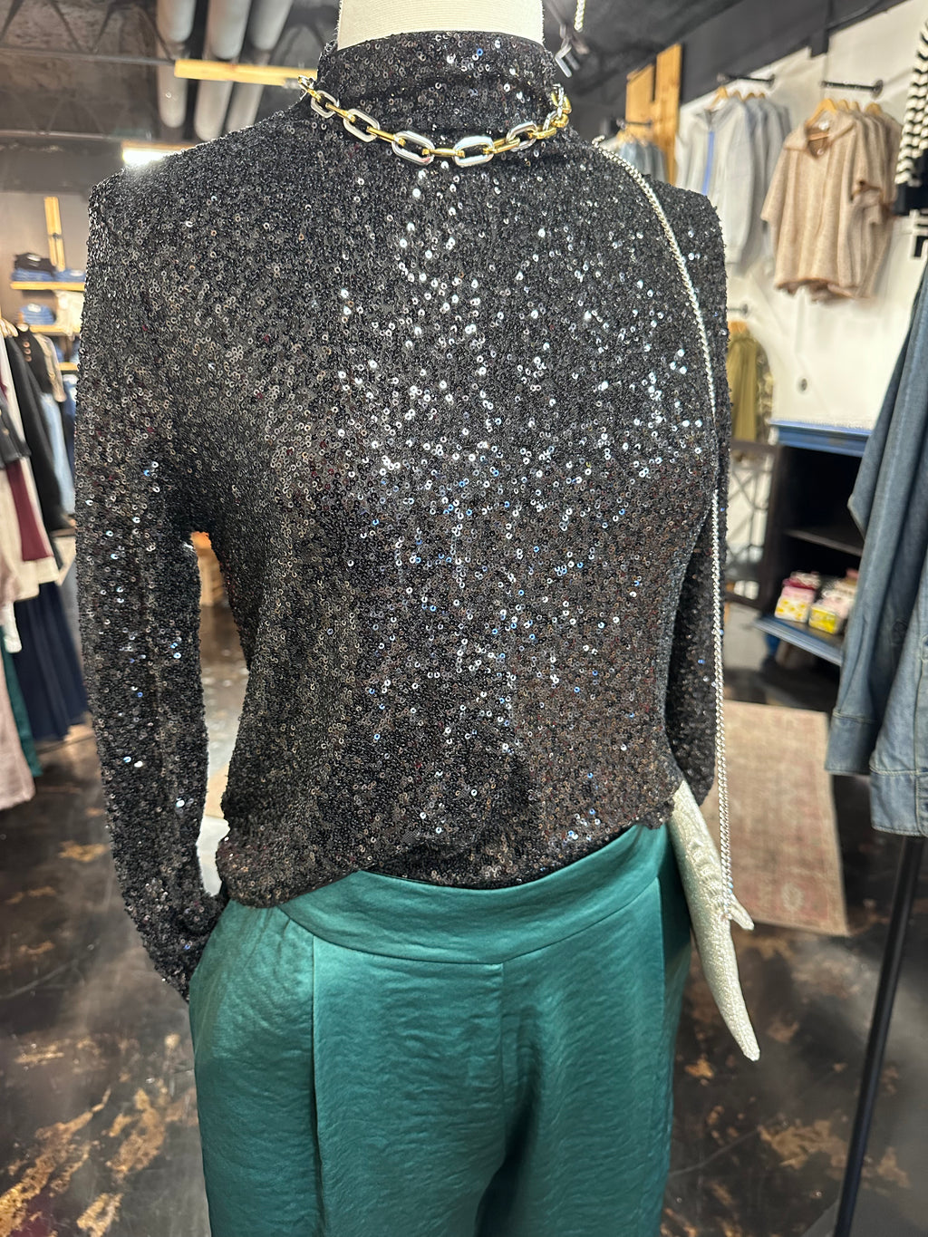 Sequin Mock Neck Top