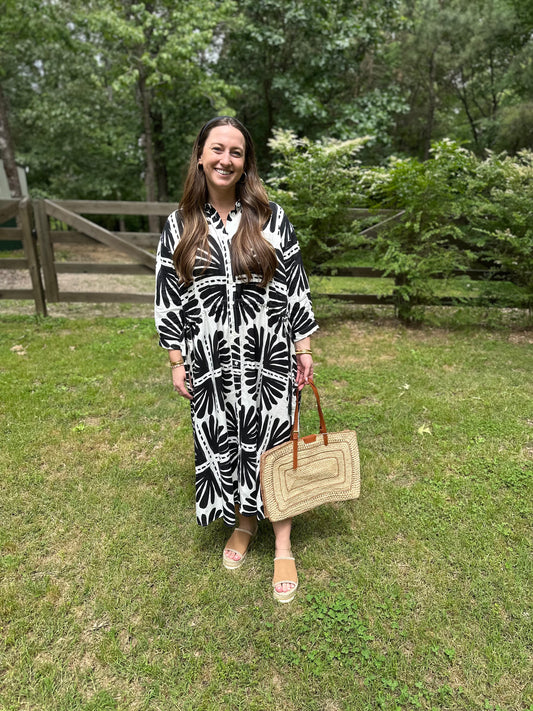 Paros Drawstring Linen Shirtdress in Ink Bloom Print