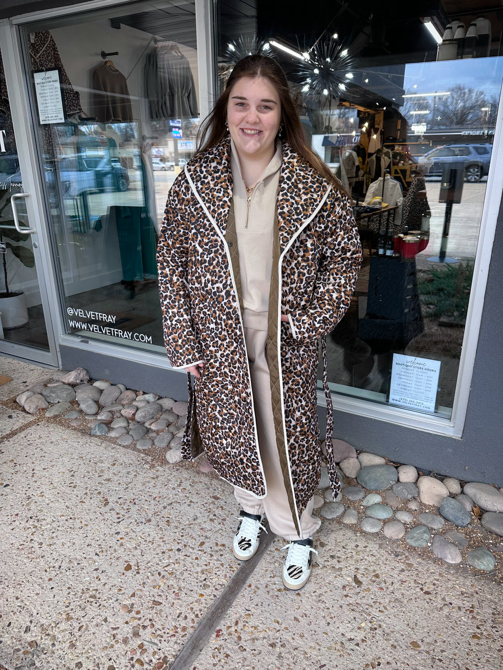 Quilted Animal Printed Belted Coat