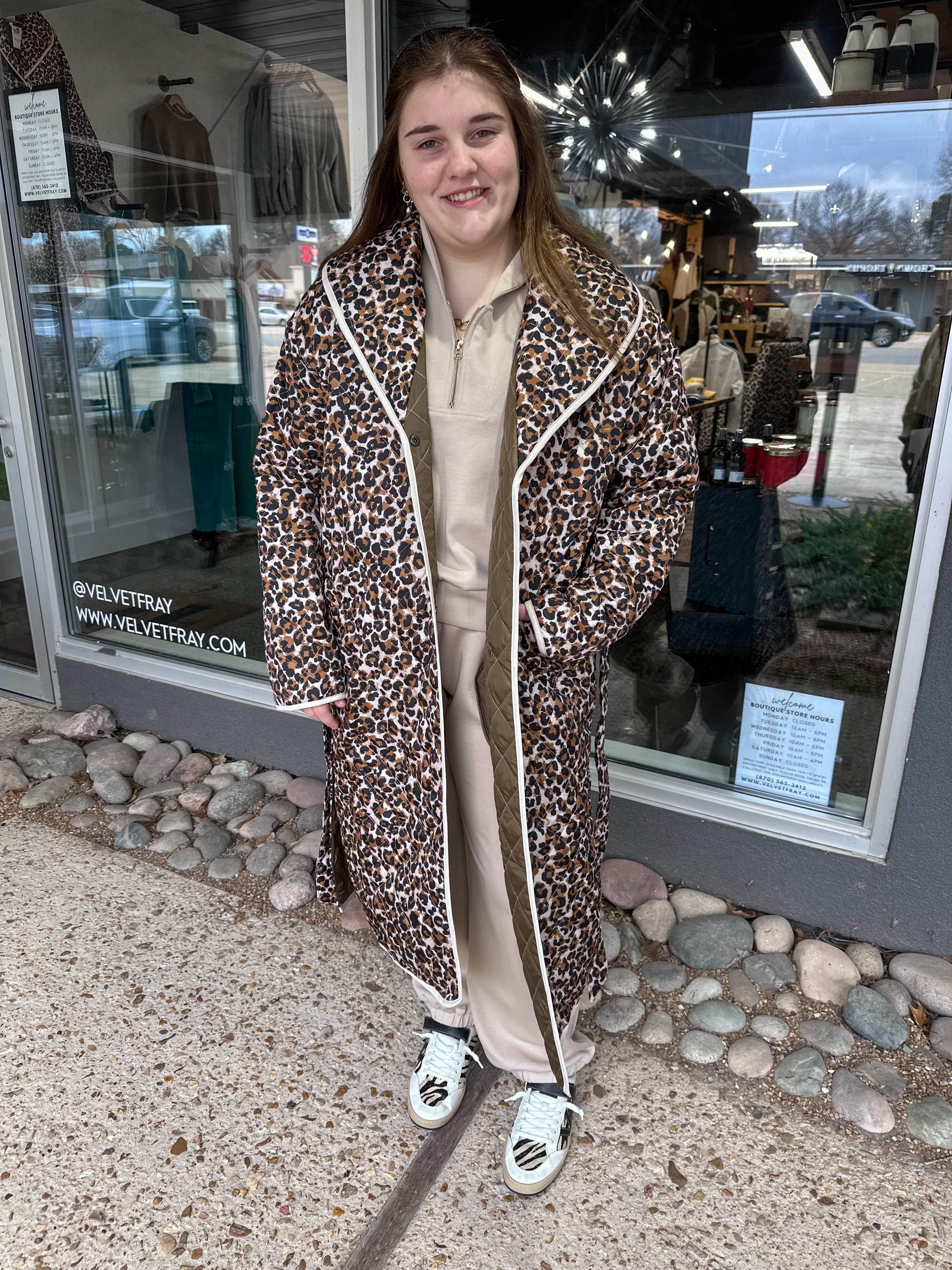 Quilted Animal Printed Belted Coat