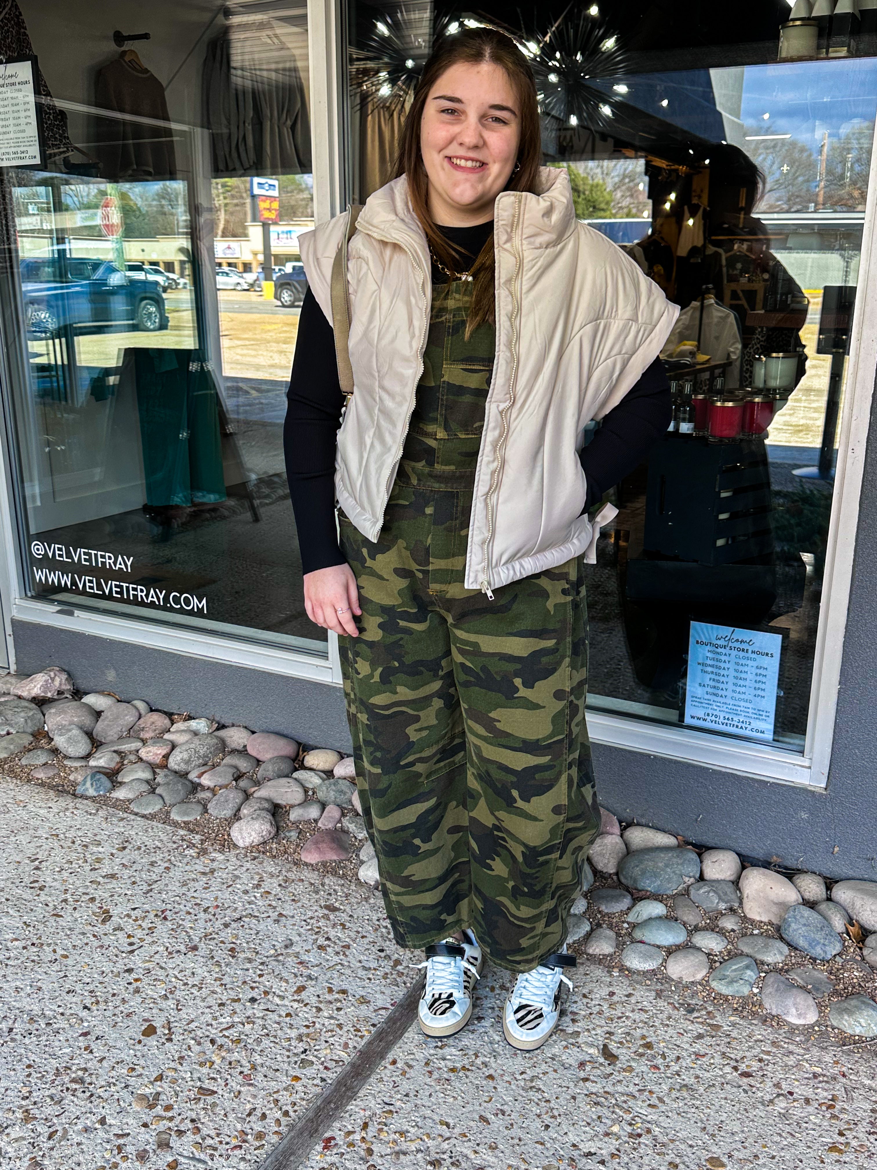 Camo Denim Barrel Overall Jumpsuit