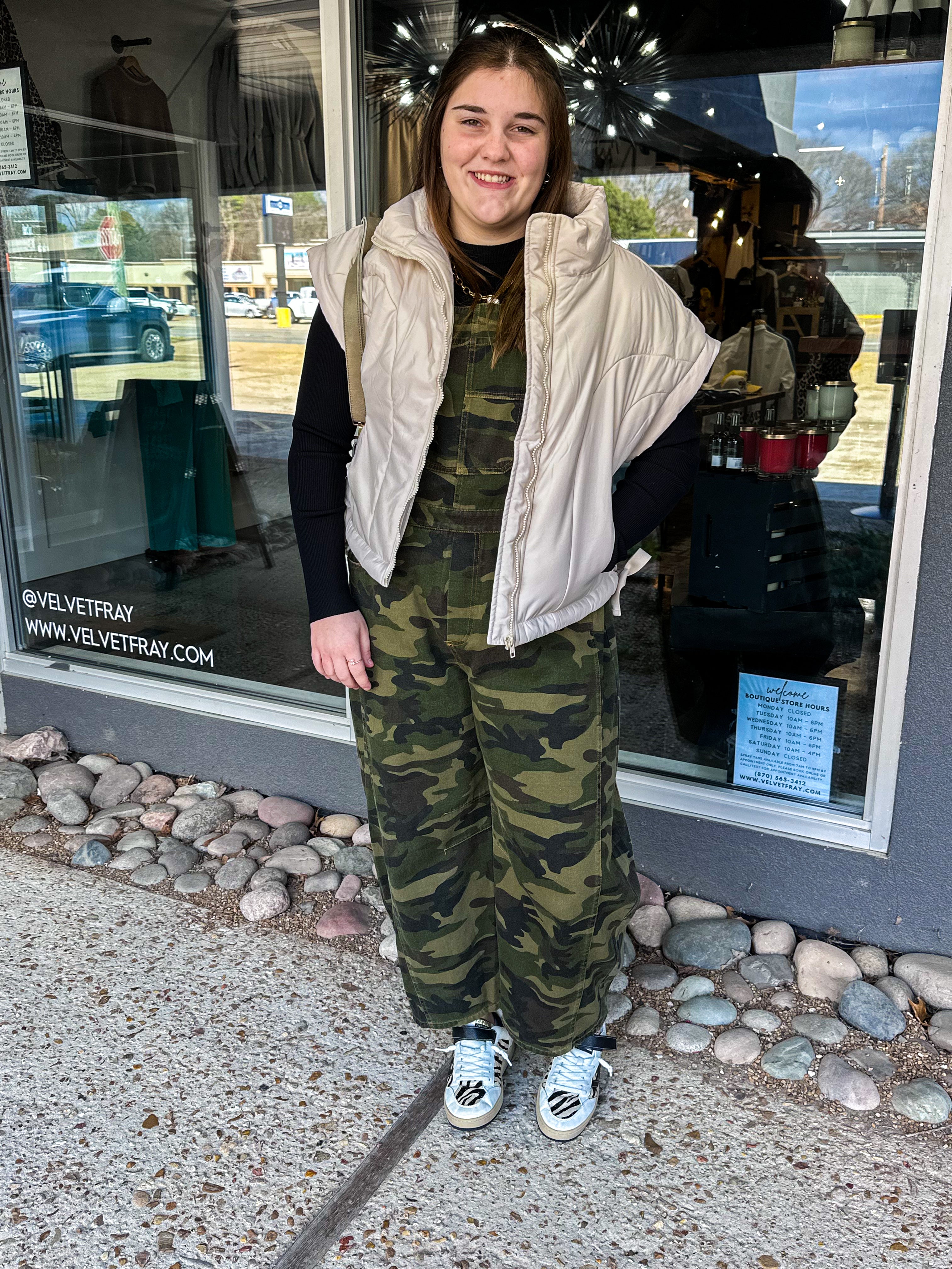 Camo Denim Barrel Overall Jumpsuit