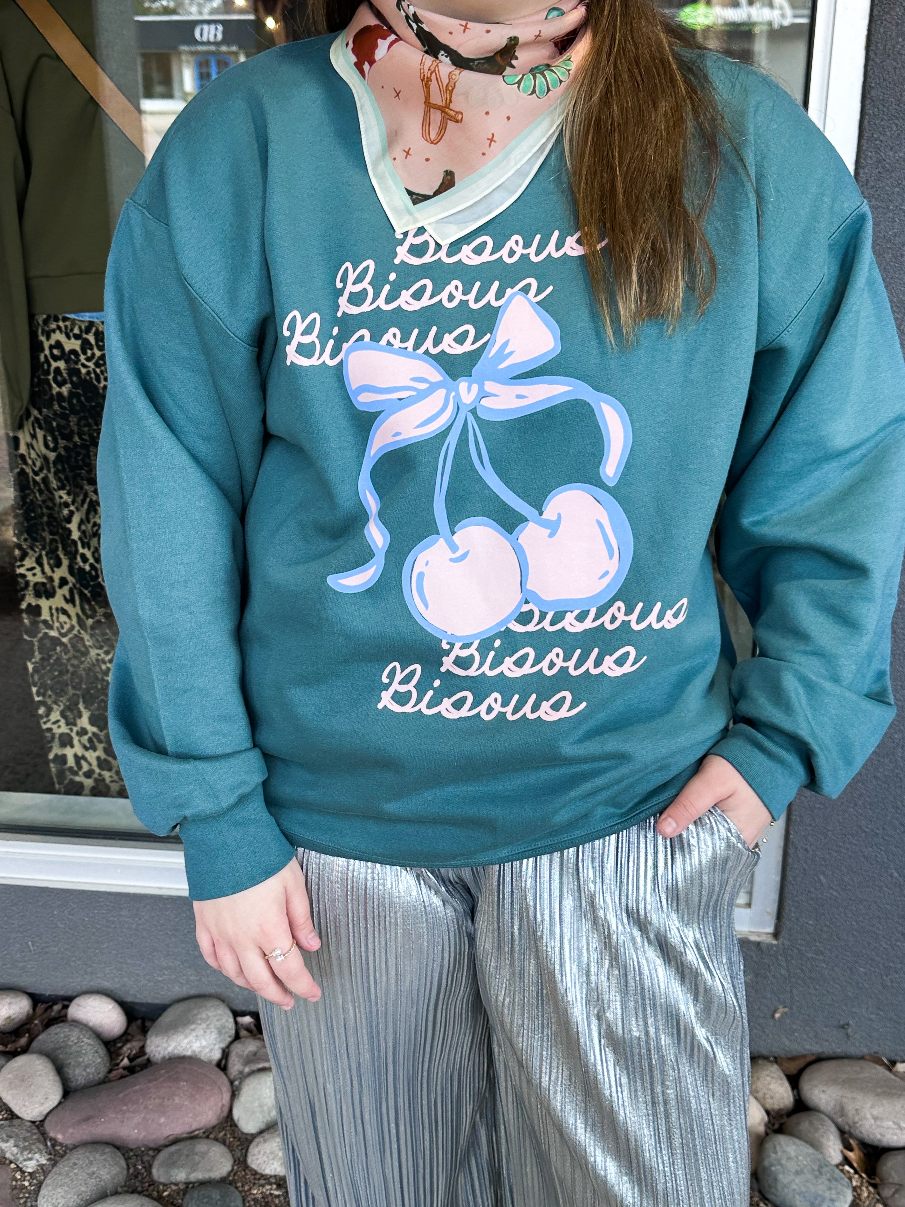 'Bisous Bisous' Cherries Boxy Cotton Sweatshirt