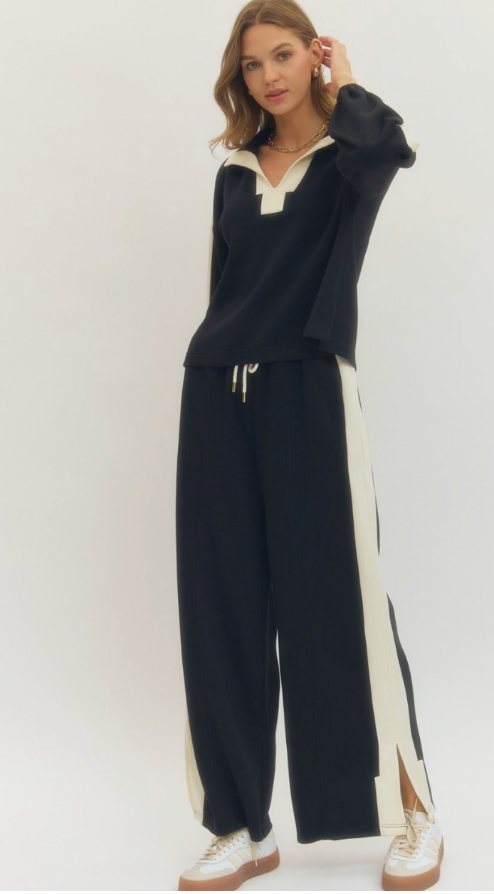 Black/Cream V-Neck Collared Top