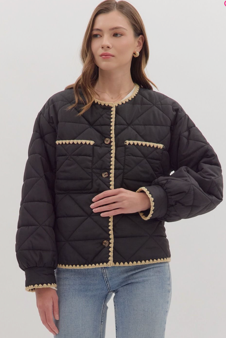 Black Puffer with Mocha Stitching