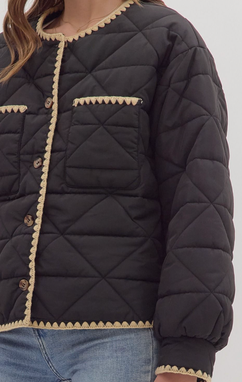 Black Puffer with Mocha Stitching