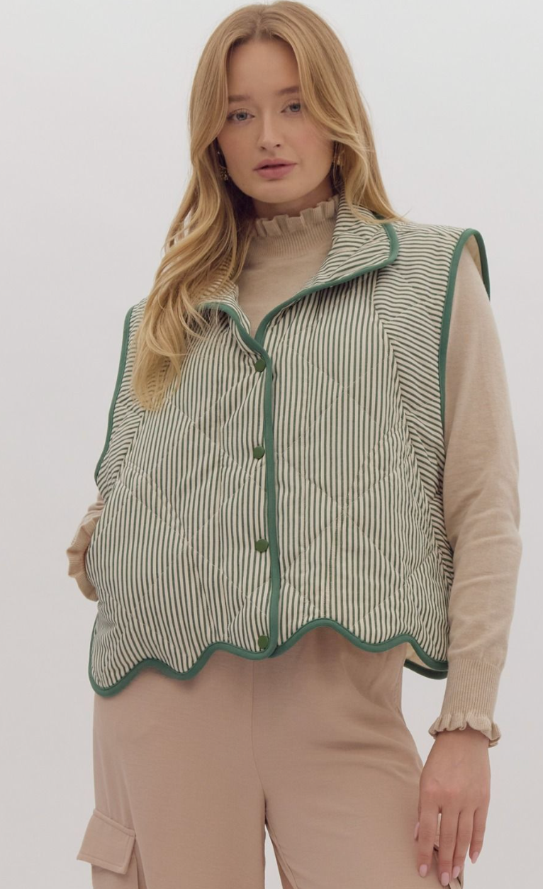 Green Striped Vest with Scalloped Hem