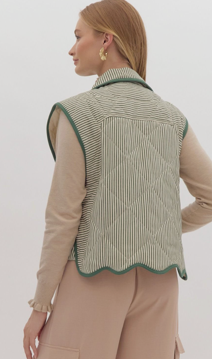 Green Striped Vest with Scalloped Hem