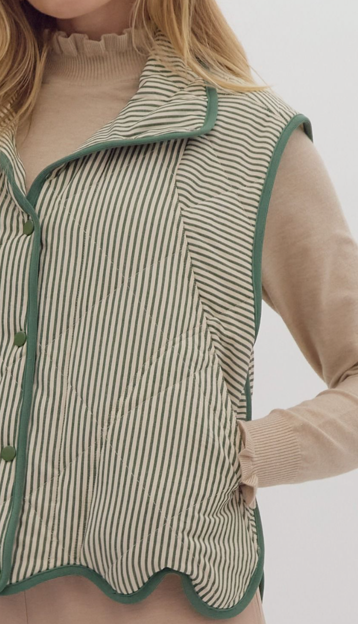 Green Striped Vest with Scalloped Hem