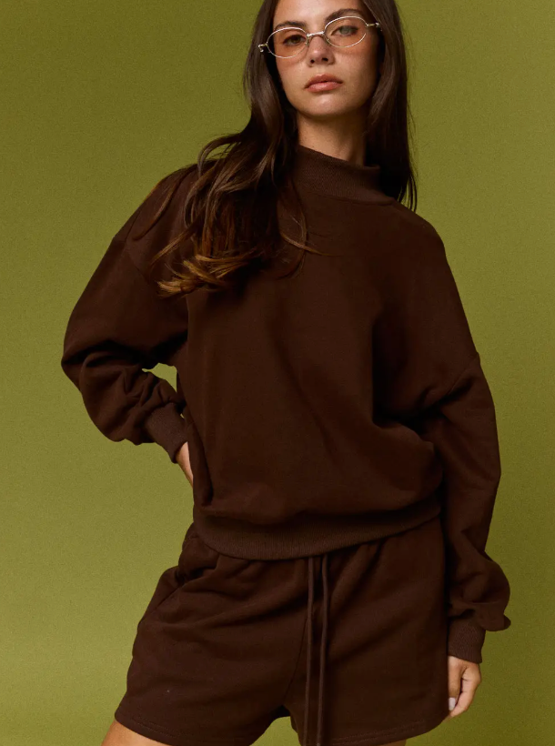 Chocolate Mock Neck Lounge Set Shorts