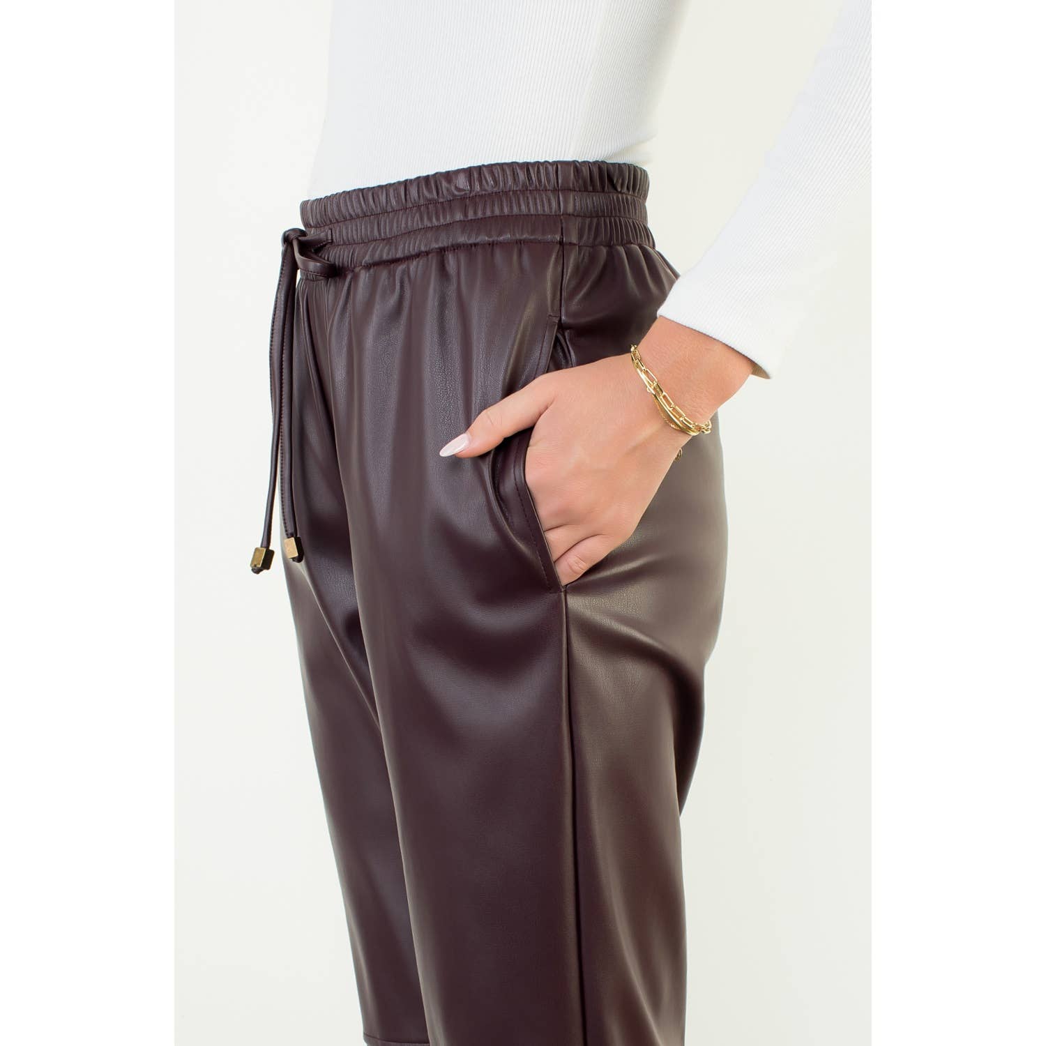 Drawstring Leather Straight Pants