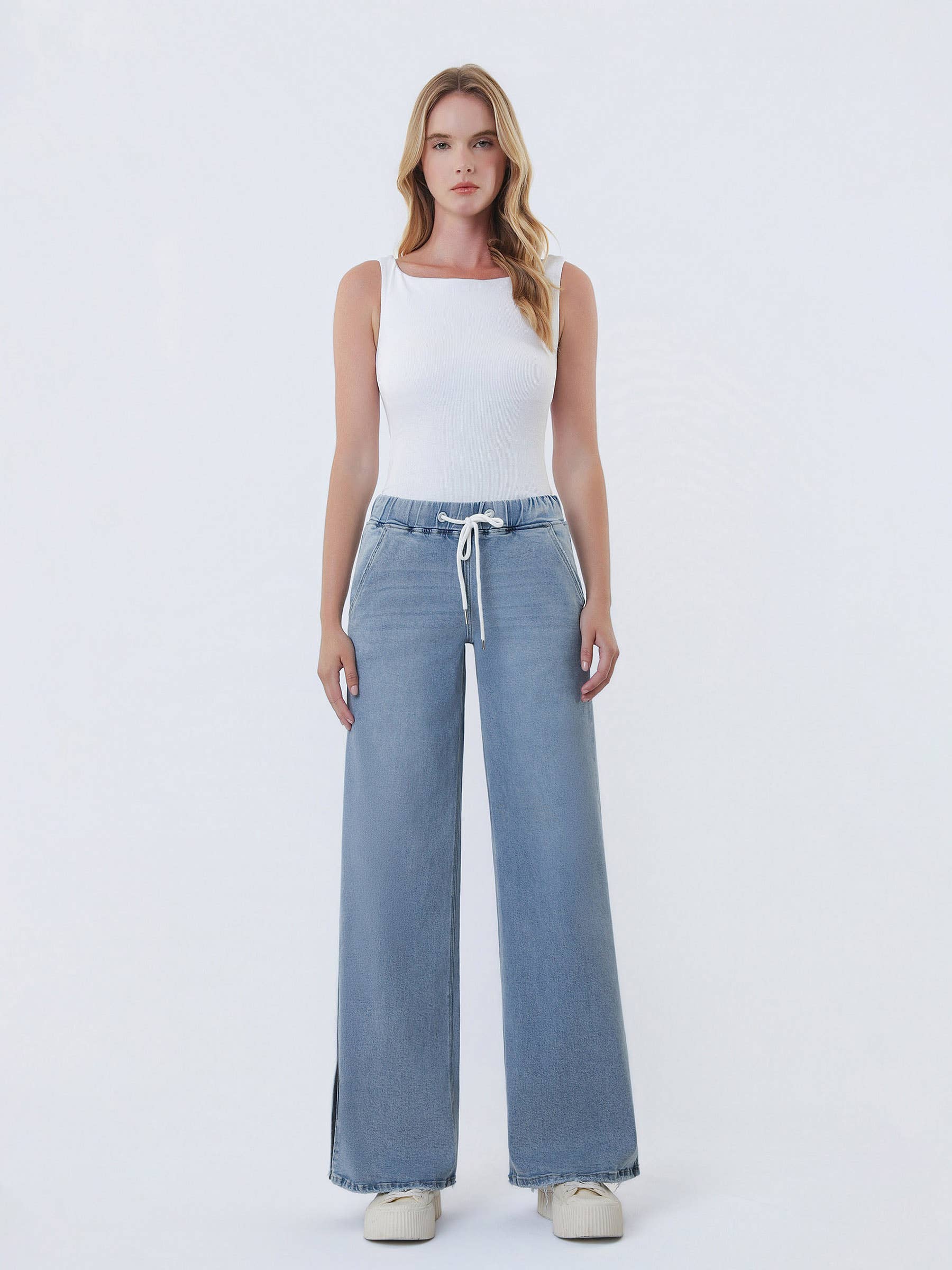 High Rise Drawstring Waistband Side Slit Wide Leg Jeans