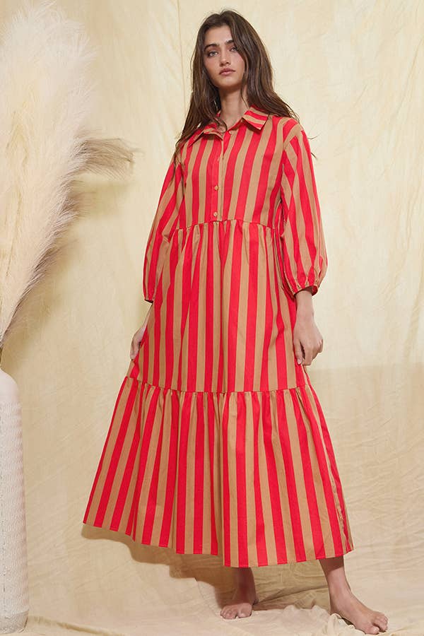 Striped Tiered Midi Shirt Dress