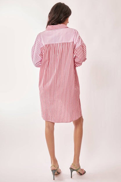 Red/Pink Stripe Hi-Low Shirt Dress