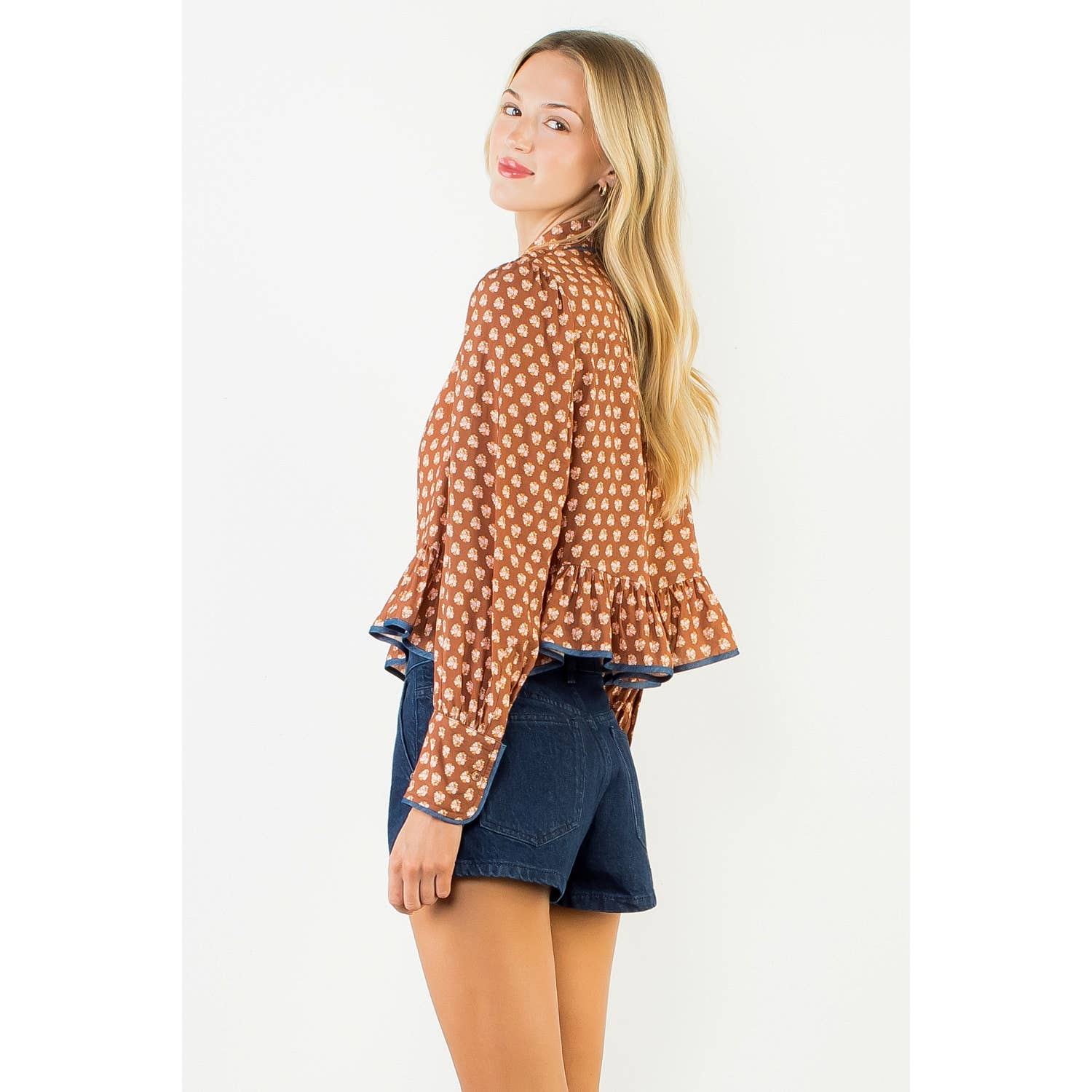 Long Sleeve Floral Pattern Button Down Top