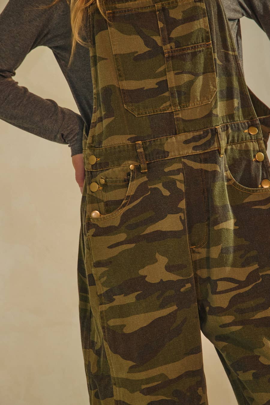 Camo Denim Barrel Overall Jumpsuit