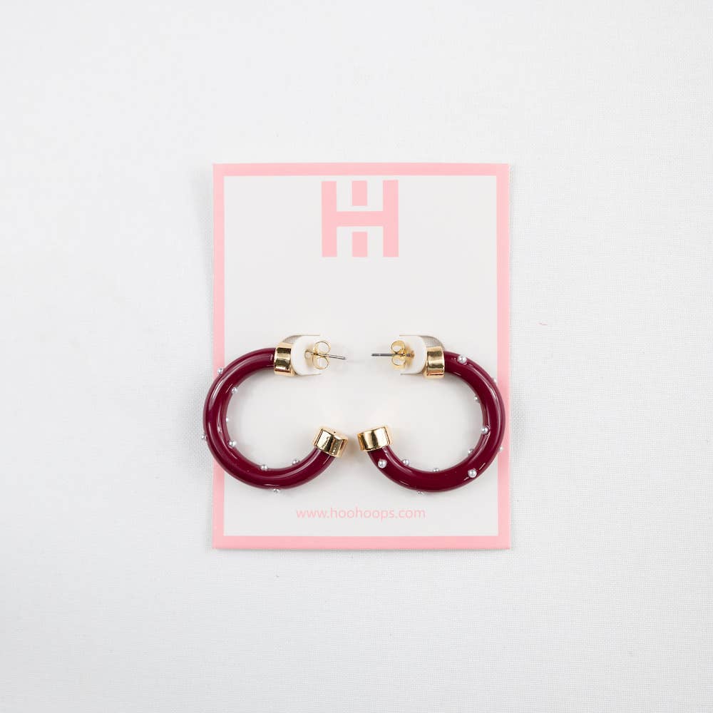 Small Hoop Earrings - Maroon with Pearls