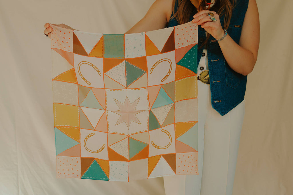 Western Horseshoe Vintage Ranching Patchwork Quilt Silk Wild Rag Scarf Holiday Gift