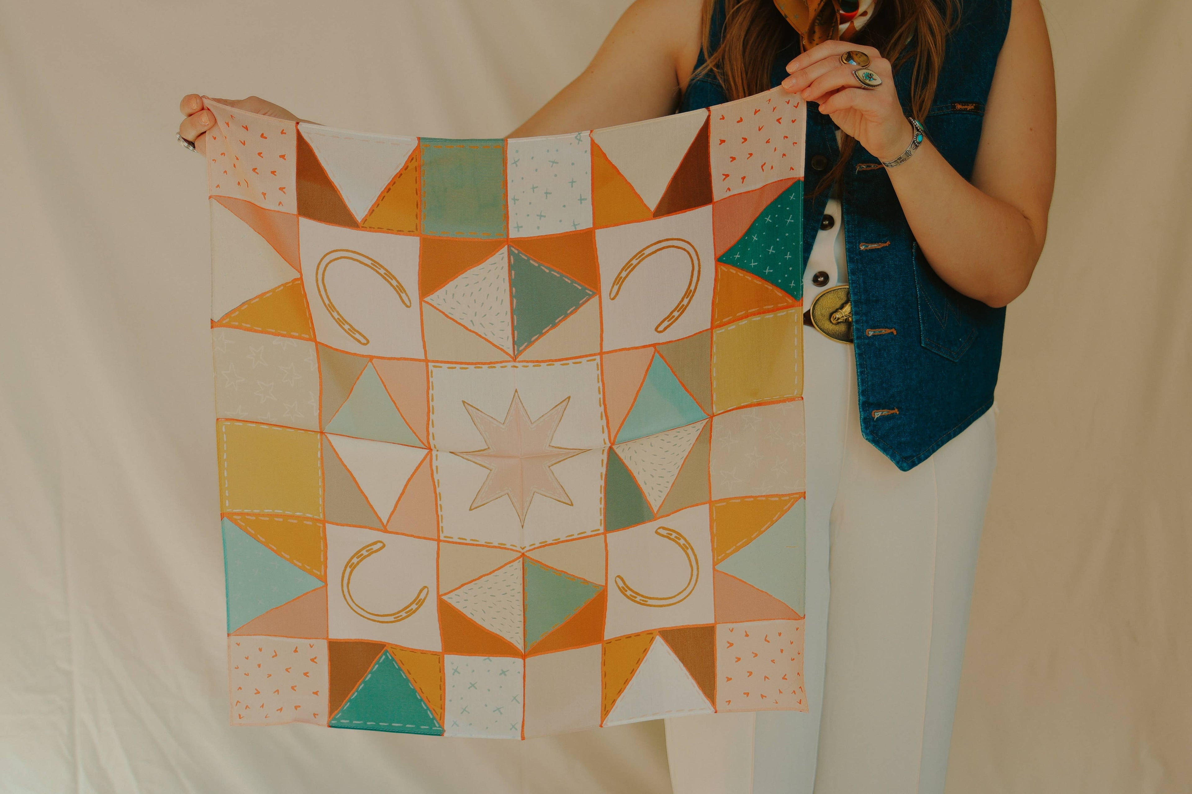 Western Horseshoe Vintage Ranching Patchwork Quilt Silk Wild Rag Scarf Holiday Gift