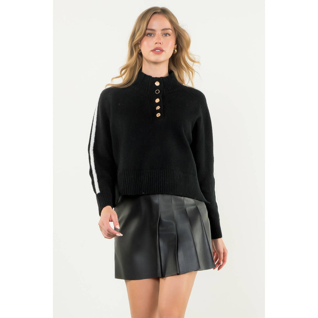 Half Button Mock Neck Stripe Sleeve Sweater