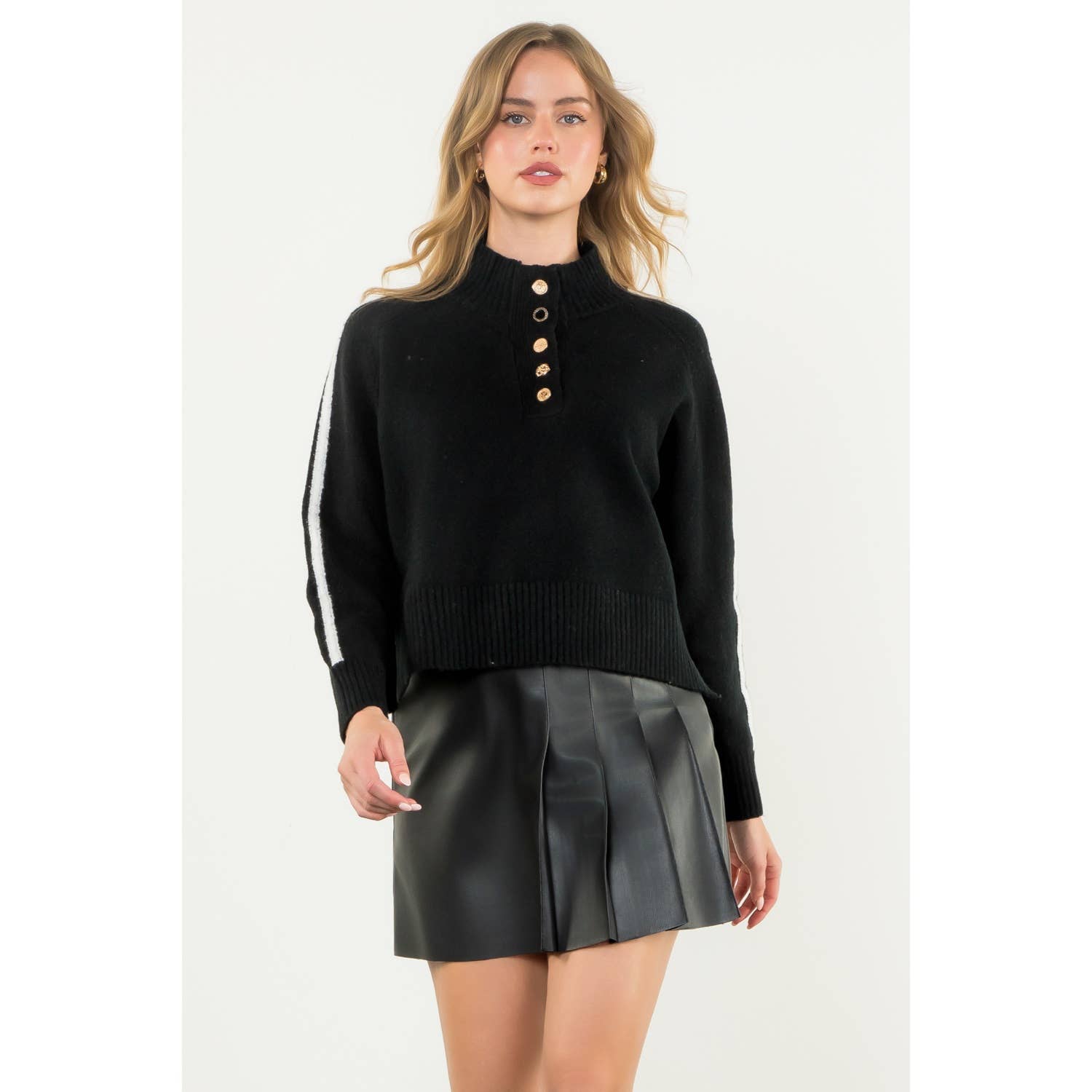 Half Button Mock Neck Stripe Sleeve Sweater