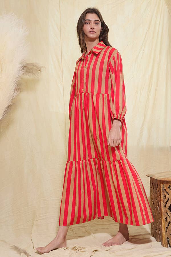 Striped Tiered Midi Shirt Dress