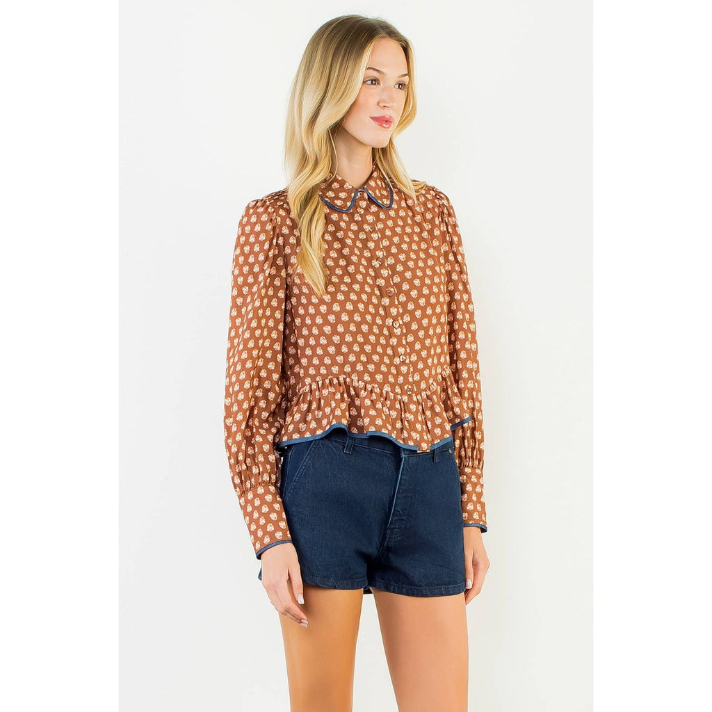 Long Sleeve Floral Pattern Button Down Top