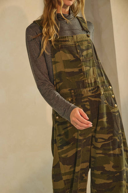Camo Denim Barrel Overall Jumpsuit