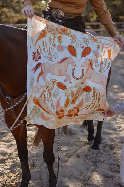 Wild Horse Prairies in Peach Cowgirl Scarf: 35x35 Western Mulberry Silk Wild Rag Cowgirl