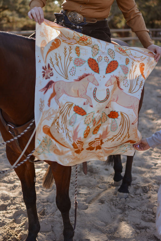 Wild Horse Prairies in Peach Cowgirl Scarf: 35x35 Western Mulberry Silk Wild Rag Cowgirl