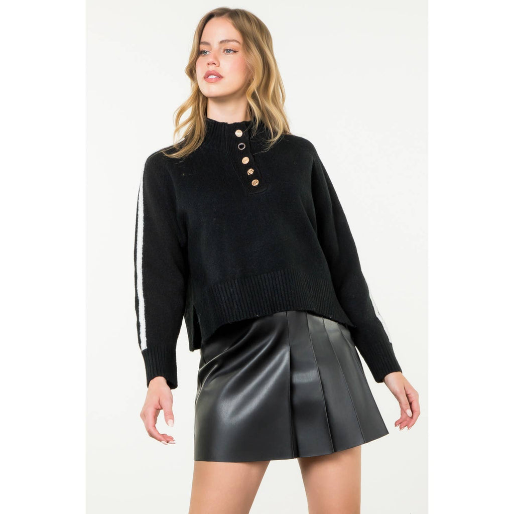 Half Button Mock Neck Stripe Sleeve Sweater