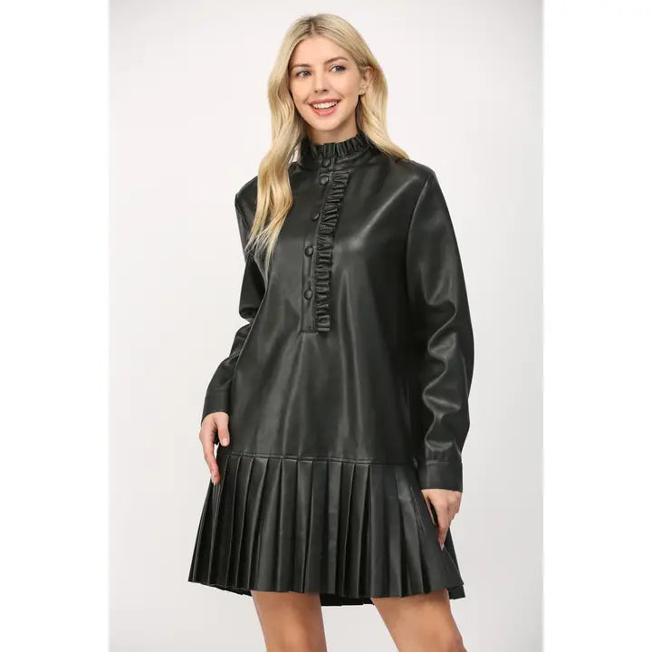 Ruffle Pleated Faux Leather Dress Velvet Fray Ruffle Pleated Faux Leather Dress Velvet Fray