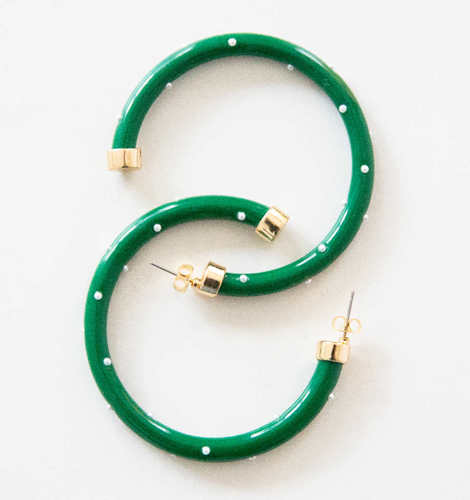 Large Hoop Earrings - Kelly Green with Pearls