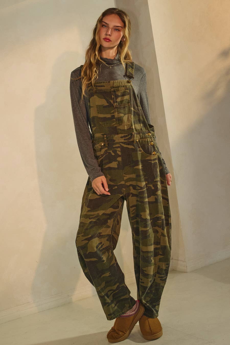 Camo Denim Barrel Overall Jumpsuit