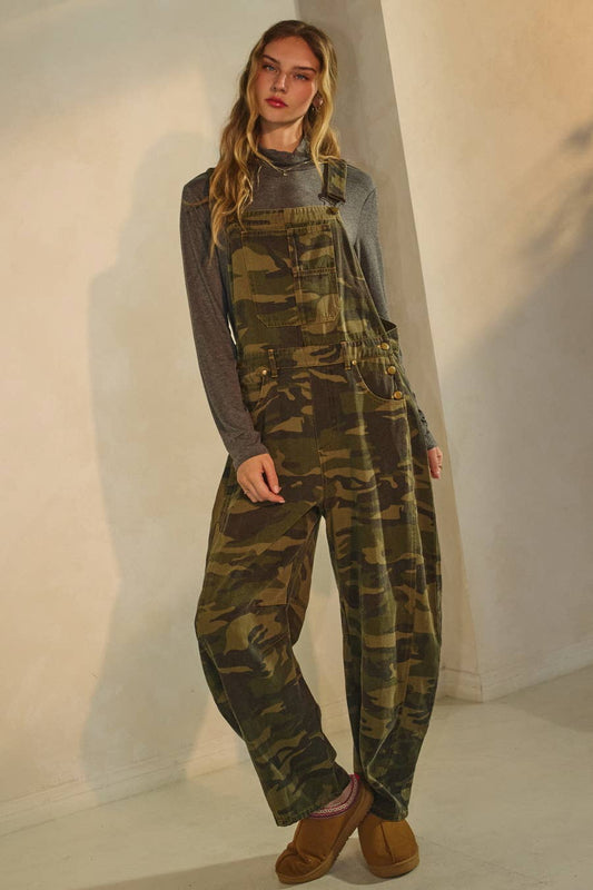 Camo Denim Barrel Overall Jumpsuit