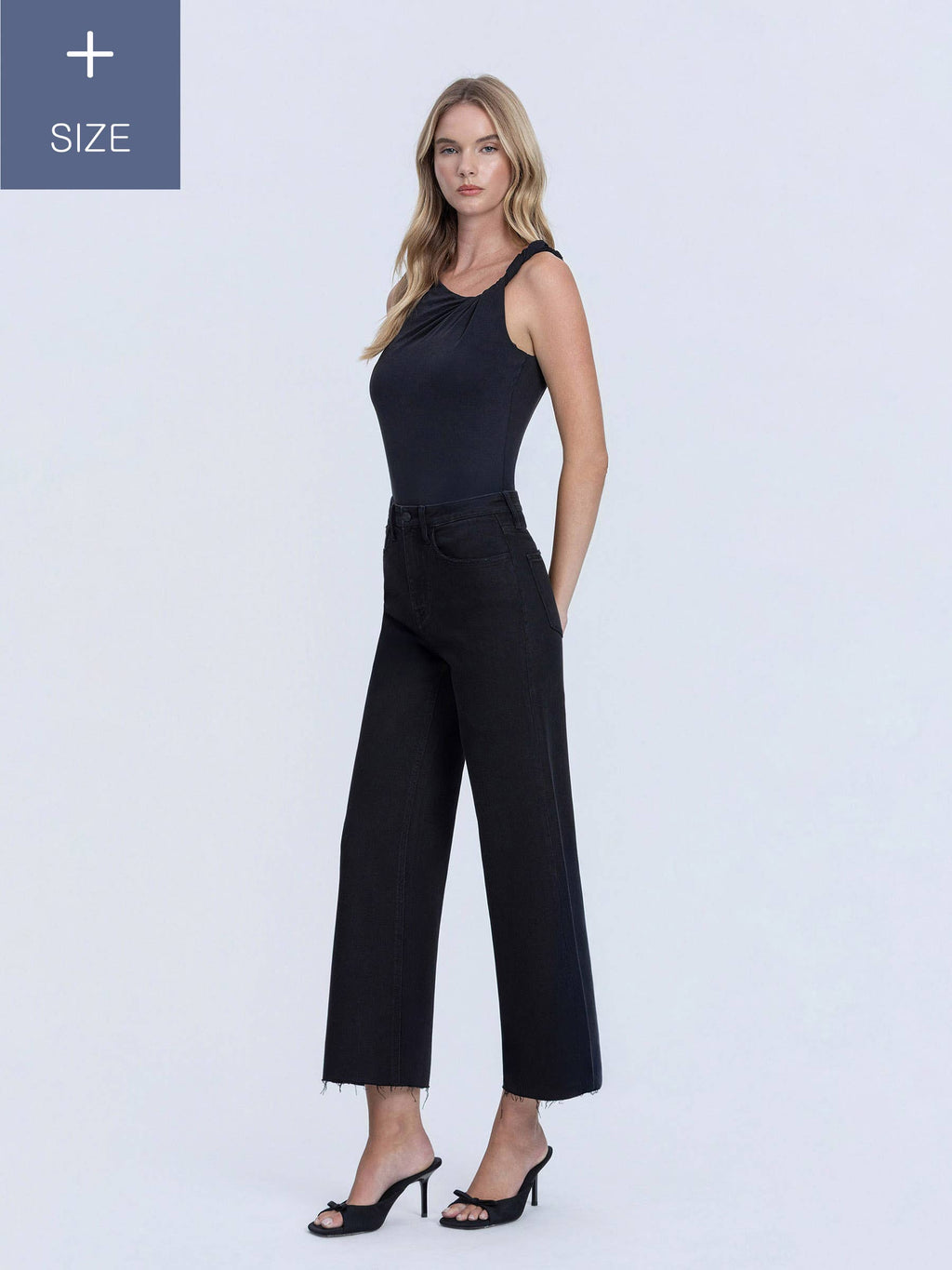 HIgh Rise Raw Hem Crop Black Wide Leg Jeans