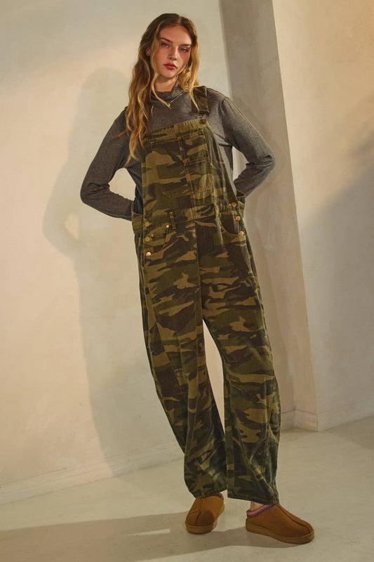 Camo Denim Barrel Overall Jumpsuit