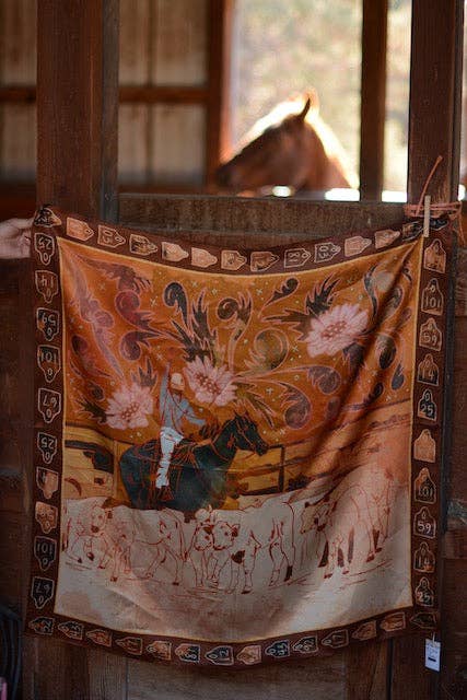 Large 100% Mulberry Silk 35x35: Round Up Floral Cattle Cowgirl Western Wild Rag