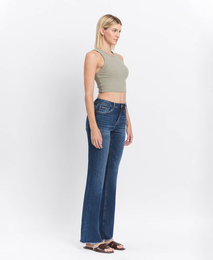 High Rise Medium Dark Wash Raw Hem Bootcut Jeans