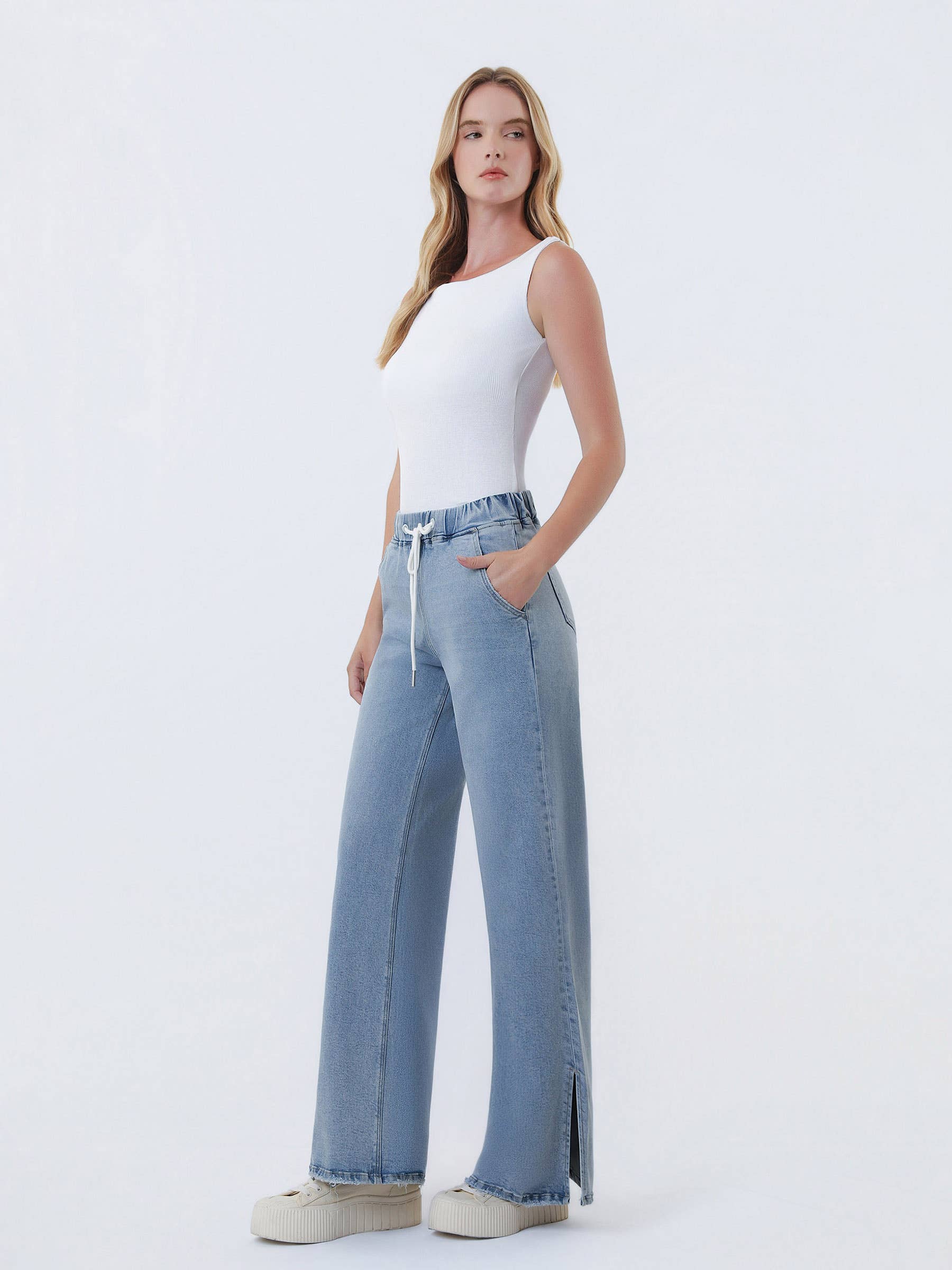 High Rise Drawstring Waistband Side Slit Wide Leg Jeans