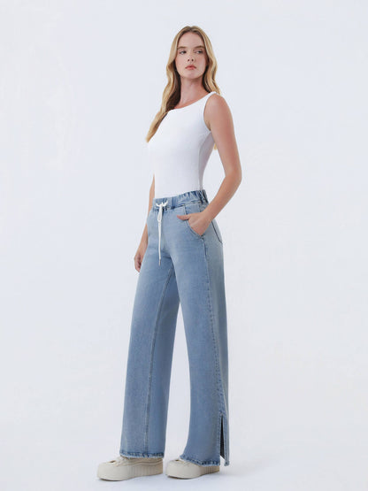 High Rise Drawstring Waistband Side Slit Wide Leg Jeans