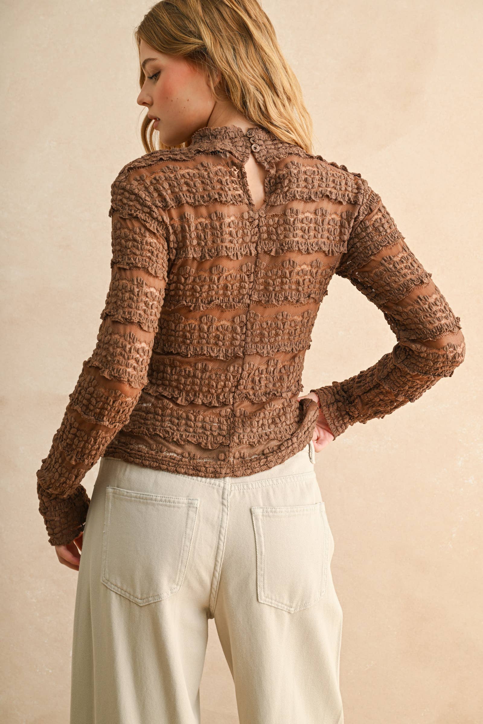 Lace Textured Long Sleeve Blouse