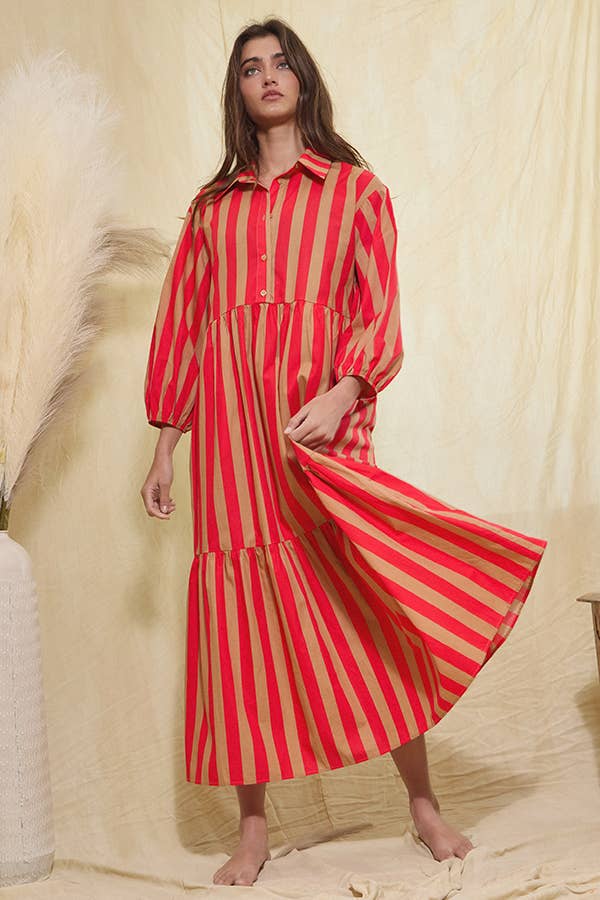 Striped Tiered Midi Shirt Dress