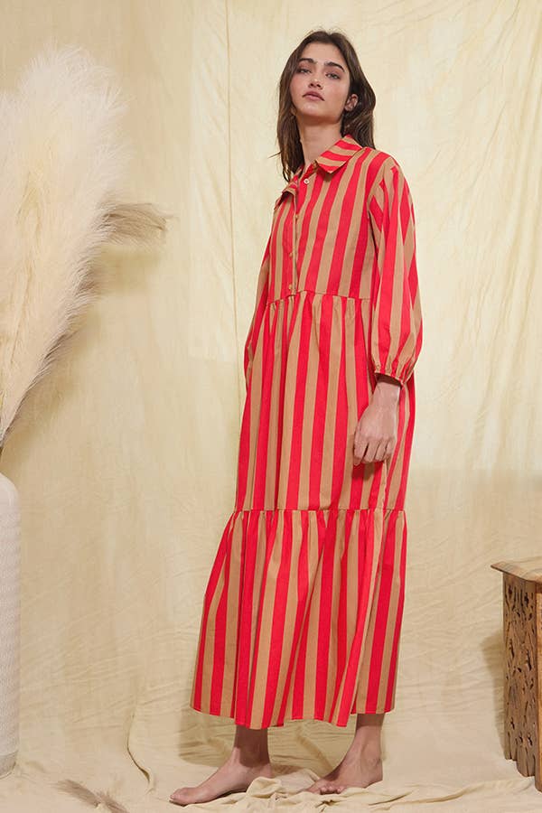 Striped Tiered Midi Shirt Dress