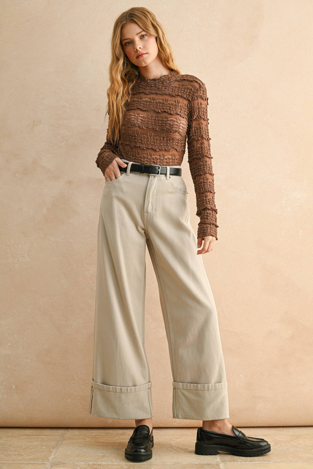 Lace Textured Long Sleeve Blouse