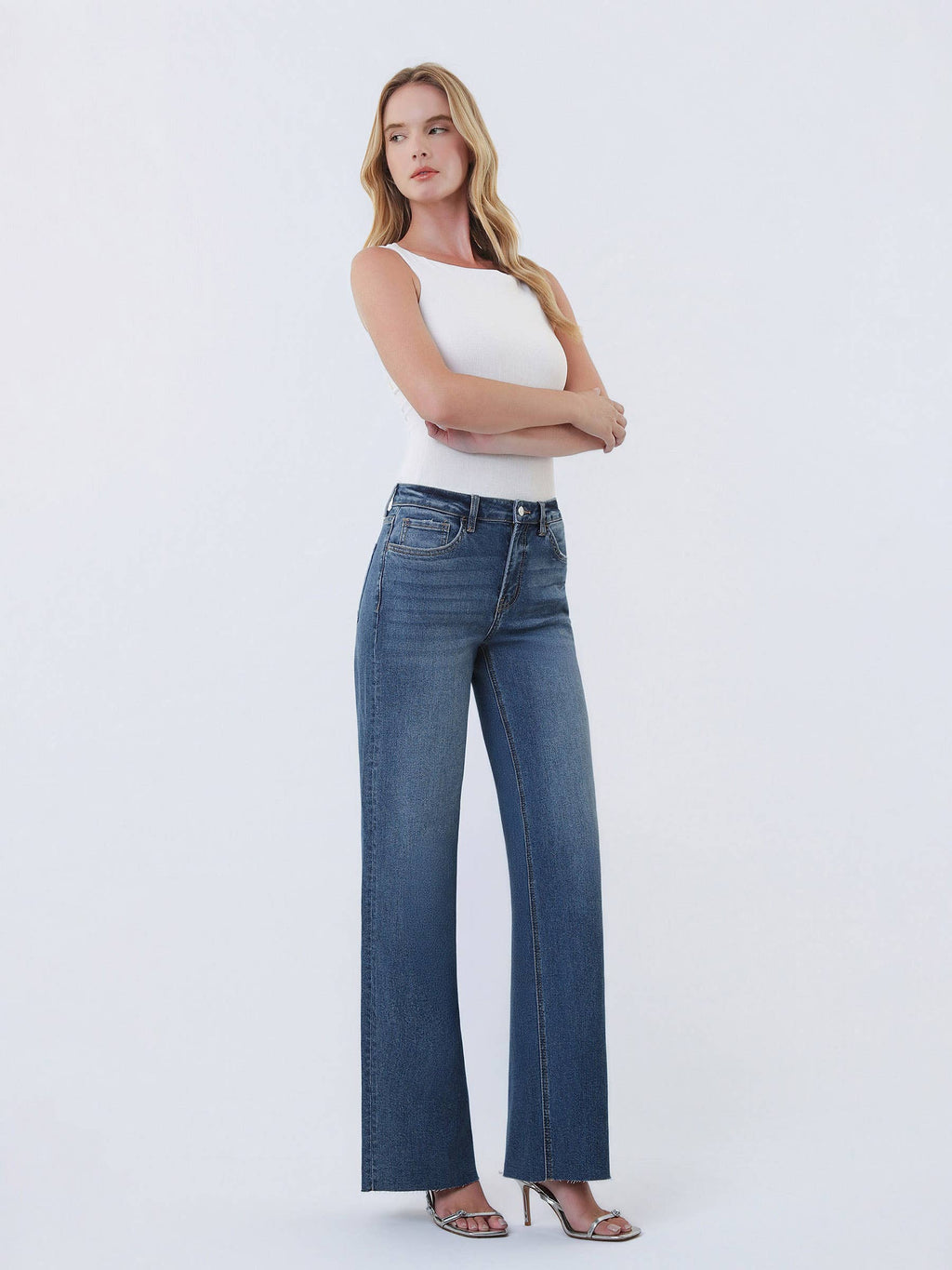 High Rise Dark Wash Clean Cut Raw Hem Wide Leg Jeans