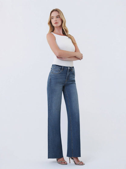 High Rise Dark Wash Clean Cut Raw Hem Wide Leg Jeans