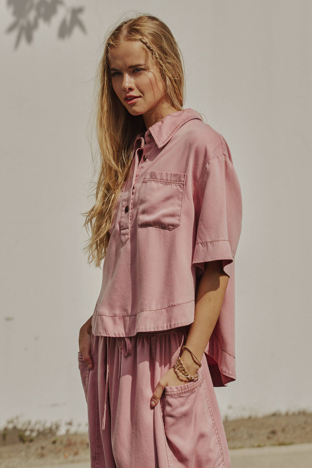 Washed Denim Half Placket Cropped Shirt
