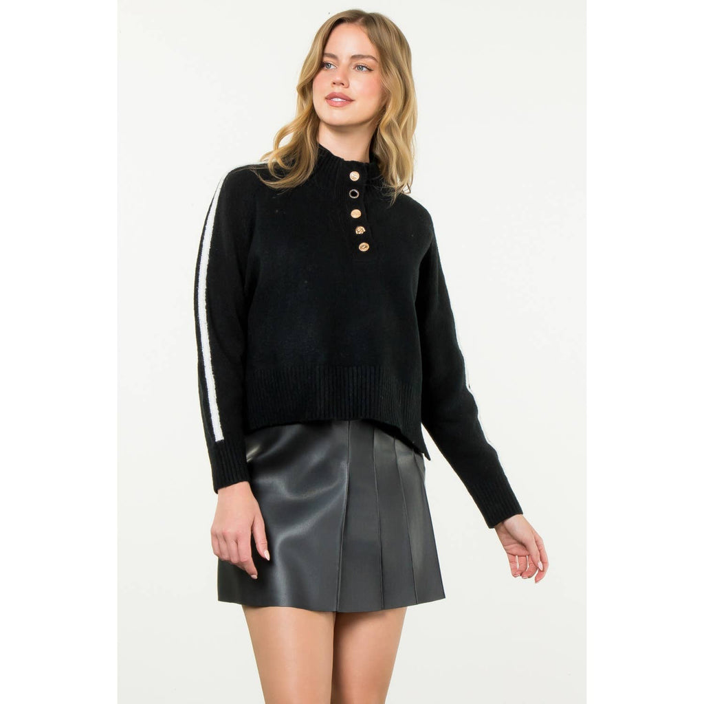 Half Button Mock Neck Stripe Sleeve Sweater