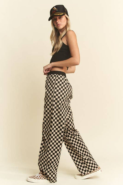 Straight Leg Checkered Pants w/ Elastic Waist
